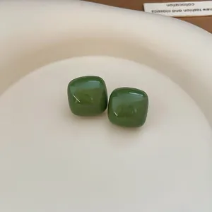 Minimalist green drip oil square stud earrings with 925 silver needles for women