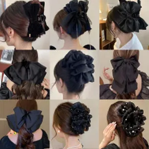 Grid collage showing various elegant black bow hair clips and scrunchies for hairstyles