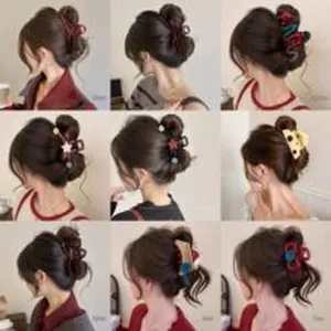 Close-up of various elegant hair claw clip styles shown in a multi-image collage display