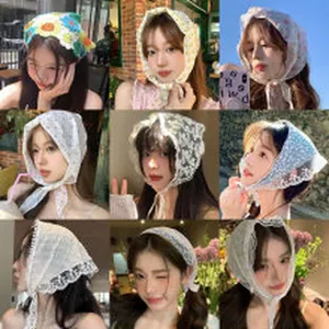 Collage of vintage floral and lace headscarves with delicate crochet flower patterns.