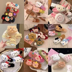Detail collection of cute cartoon plush scrunchies in various fluffy character designs.