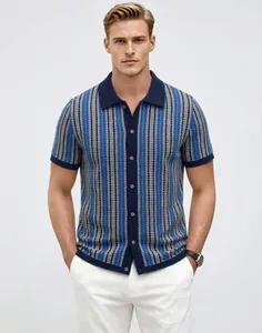 Stylish retro men's blue striped jacquard knit polo shirt with button-up cardigan design