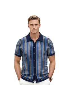 Detail of male model wearing a vintage striped jacquard knit polo shirt cardigan.