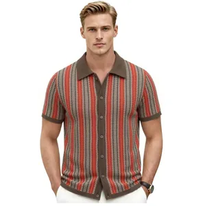 Men's retro vertical striped jacquard knit polo cardigan shirt in a vintage style