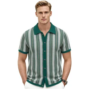 Men's vintage green and white striped jacquard knit polo shirt with button cardigan front