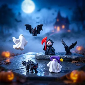 Halloween micro landscape figurines featuring ghost, reaper, bat, and black cat