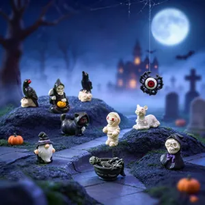 Miniature Halloween spooky figurines set featuring skeletons and pumpkins for fairy garden decor