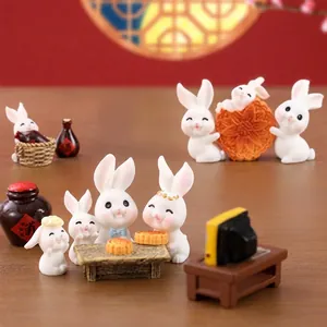 Cute miniature rabbit figurines set with Mid-Autumn Festival props for desktop decor
