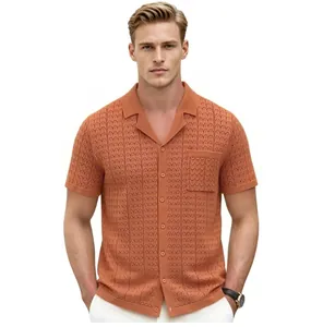 Front view of men's orange knitted polo shirt featuring a Cuban collar and breast pocket