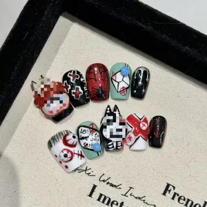 Press On Nägel Handgefertigt 3D Gothic Dark Style Rot Schwarz Spinnennetz Augapfel Schleife Sargform Kunst