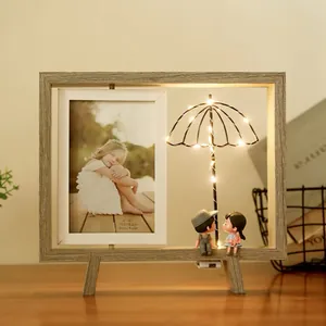 Wooden Rotating Double Sided Photo Frame With LED Light Nordic Desktop Ornament Night Light Gift For Couples Home Decor