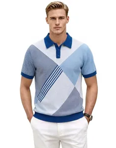 Detail shot of men's knit polo shirt featuring a stylish blue color-blocked pattern