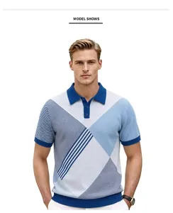 Detailed view of men's argyle color-block polo shirt featuring a blue and white knit pattern