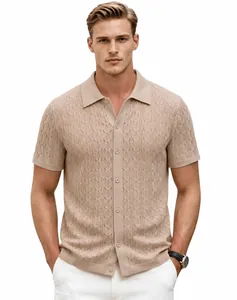 Detailed view of men's wavy jacquard knit short-sleeve button-down polo shirt beige