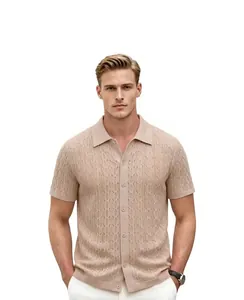 Front view of men's beige wavy jacquard knitted button-down Polo shirt