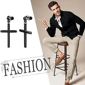 Trendy black stainless steel cross stud earrings for men with lifestyle model view