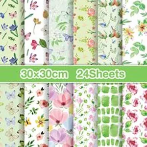 Détail de 24 feuilles de papier scrapbooking à motifs fleurs et papillons, 30x30cm.