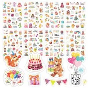 Detalle de 198 pegatinas de cumpleaños de dibujos animados con pasteles y animales