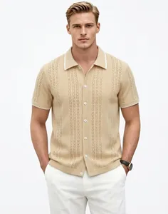 Macro view of beige knit polo shirt featuring intricate vertical hollow-out patterns and textures