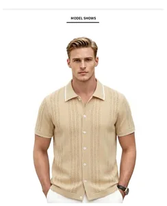 Front view of a men's short-sleeve knit polo cardigan in beige with contrast white trim