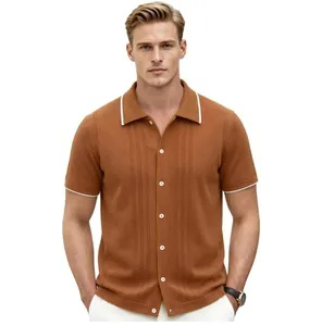 Men's brown knit short sleeve polo cardigan with white collar tipping and textured pattern