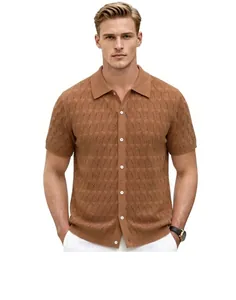 Men's brown diamond-textured short-sleeve knit polo shirt with breathable hollow design