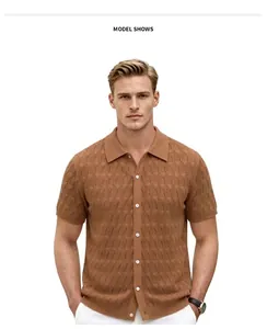 Front view of a male model wearing a brown diamond-knit hollow short-sleeved polo shirt