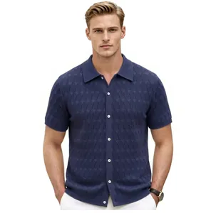 Men's short sleeve blue hollow knit Polo cardigan featuring a textured diamond pattern
