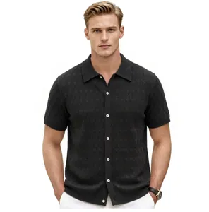 Detail view of men's black knit Polo shirt with breathable diamond jacquard pattern