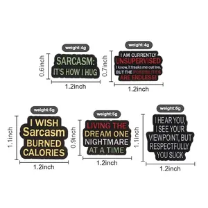 Detailed size and weight chart for five funny sarcastic quote enamel lapel pins