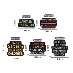 Detailed size and weight chart for five sarcastic quote enamel brooches on white background.