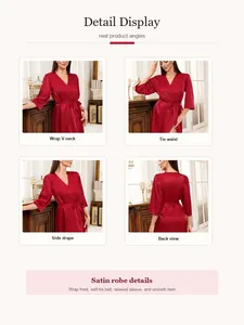 Detailansicht eines roten Satin-Bademantels für Damen mit Wickel-V-Ausschnitt.