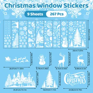 Detailed measurements of white silhouette Christmas window stickers with winter town motifs.