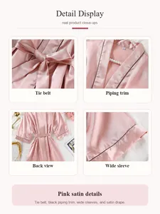 Detailansichten des rosa Satin-Bademantels für Damen mit Bindegürtel und Paspelierung.