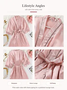 Detaillierte Mehrwinkelansichten eines rosa Satin-Bademantels mit schwarzer Paspel.