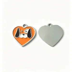 Heart-shaped metal pet dog tag with a cute cartoon dog pattern for custom engraving