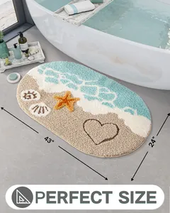 Alfombra de baño ovalada de tema costero, dimensiones 43x24 pulgadas, en baño moderno