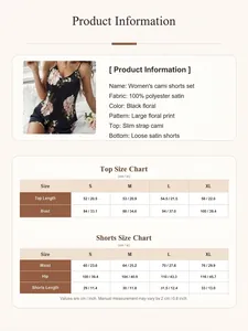 Detailed size chart for women's black floral satin cami and shorts pajama set