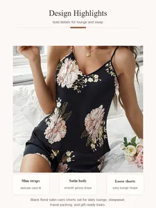 Detailed view of black floral satin cami set with elegant flower patterns and smooth texture.