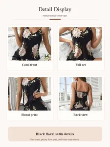 Detailed close-up views of elegant black floral satin cami and shorts pajama set