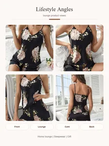 Multiple lifestyle views of elegant black floral satin pajama set with camisole