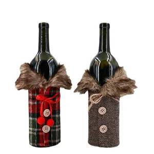 Christmas wine bottle covers with faux fur collars in plaid and herringbone patterns