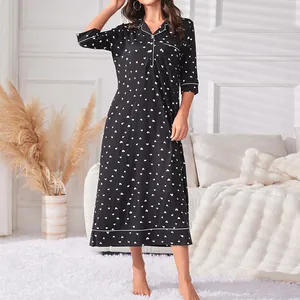 Damen Herz Druck Nachthemd V Ausschnitt Dreiviertelärmel Schlafanzug Kontrastpaspeliering Loungewear Für Frühling Herbst