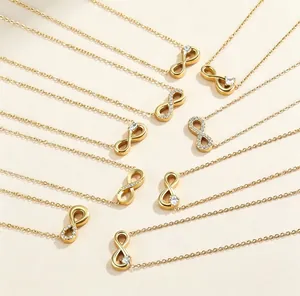 Detailed view of gold infinity necklaces with sparkling rhinestone accents for women