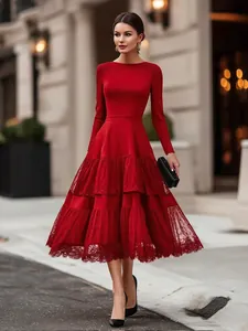 Elegant red French Hepburn style long sleeve dress with tiered lace mesh skirt