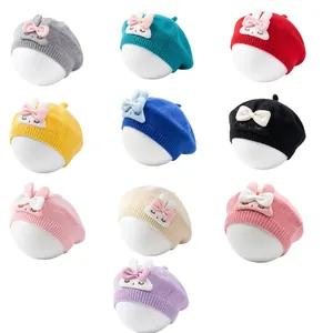 Cute knit baby berets with 3D bunny ears and bows in ten different vibrant colors