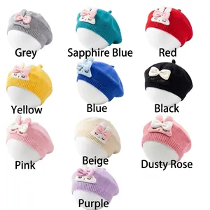 Color options for cute baby rabbit beret hats with bows in knitted fabric