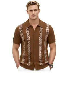 Macro view of men's brown short-sleeved knit polo cardigan with white jacquard stripes