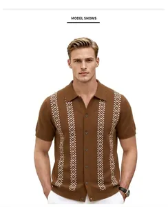 Male model wearing a brown short-sleeved knitted polo shirt with geometric patterns.