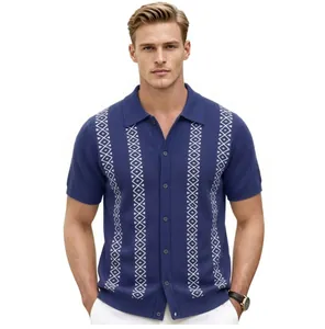 Frontal view of a men's blue short-sleeve knit Polo shirt with vertical jacquard patterns